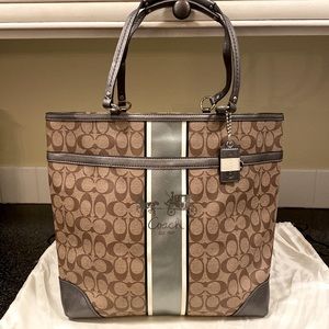 COACH Lg Heritage Stripe signature vinyl & metallic leather trim tote. #F12354